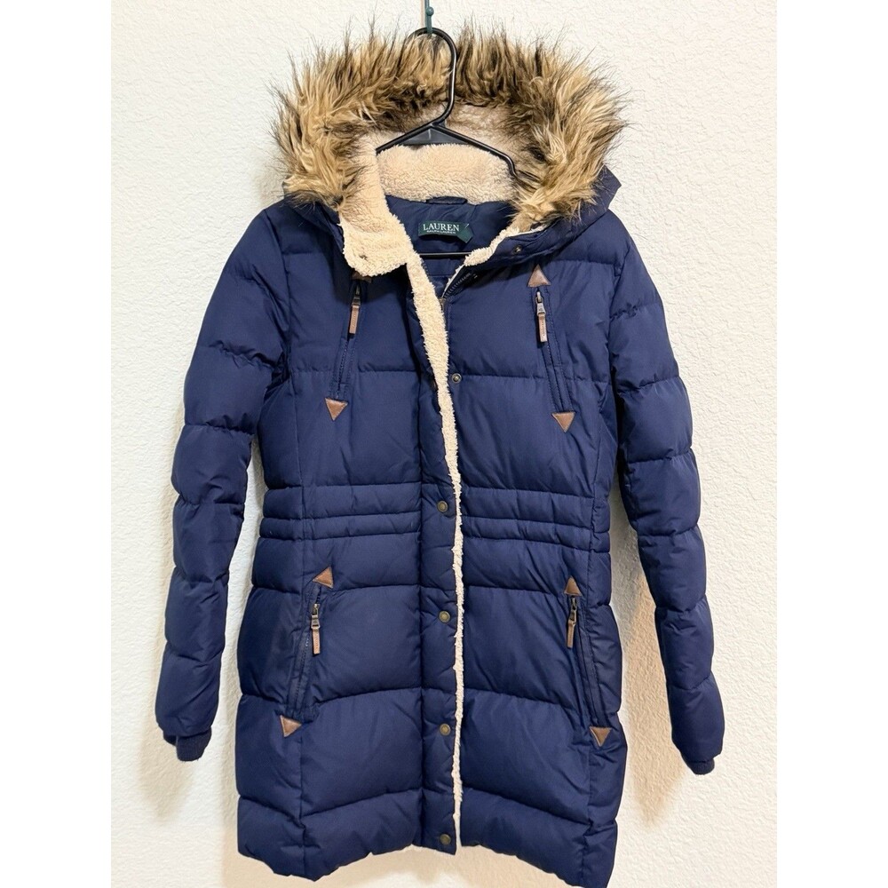 LAUREN RALPH LAUREN Womens Faux Fur Trim Hooded Down Puffer Coat Navy Size XS